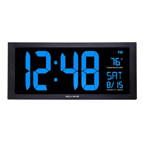 AcuRite Large Digit LED Calendar Clock With Indoor Temperature - 18 Inch - Blue
