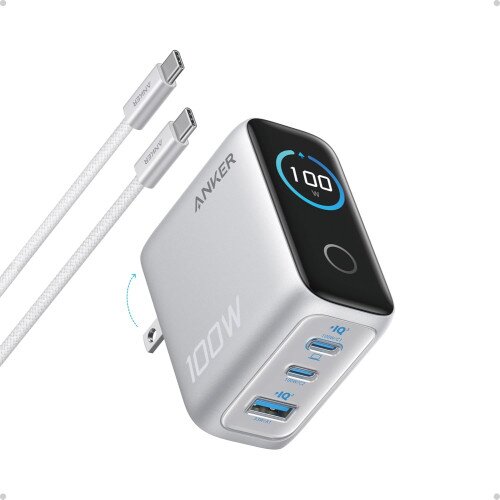 Anker Charger (100W, 3 Ports, Smart Display) - Silver