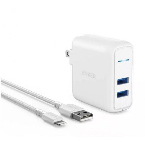 Anker Powerport Elite 24W 2 Port Wall Bundle With Powerline Select+ 3Ft A-l Cable - White