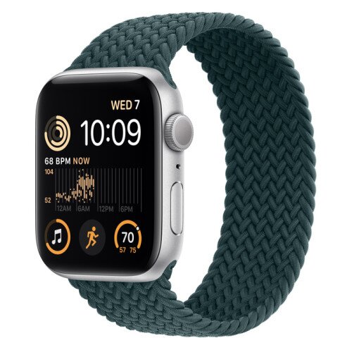 Apple Watch SE (2nd Gen) Silver Aluminum Case with Braided Solo Loop - Rainforest - 44mm - Size-12