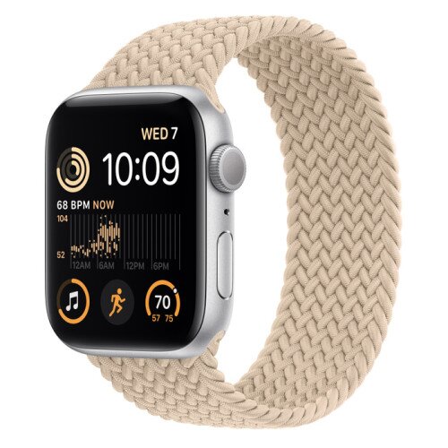 Apple Watch SE (2nd Gen) Silver Aluminum Case with Braided Solo Loop - Beige - 44mm - Size-7