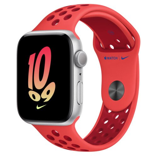 Apple Watch SE (2nd Gen) Silver Aluminum Case with Nike Sport Band - Bright Crimson/Gym Red - 44mm - M/L