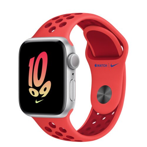 Apple Watch SE (2nd Gen) Silver Aluminum Case with Nike Sport Band - Bright Crimson/Gym Red - 40mm - M/L