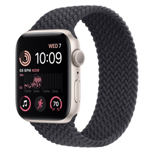 Apple Watch SE (2nd Gen) Starlight Aluminum Case with Braided Solo Loop - Midnight - 44mm - Size-10