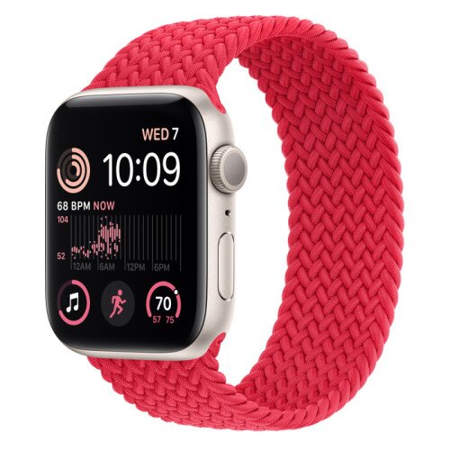 Apple Watch SE (2nd Gen) Starlight Aluminum Case with Braided Solo Loop - Red - 44mm - Size-5