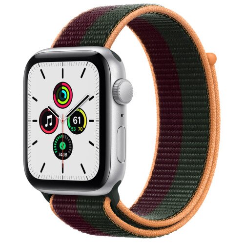 Apple Watch SE Series Silver Aluminum Case with Sport Loop - Dark Cherry/Forest Green - 44mm
