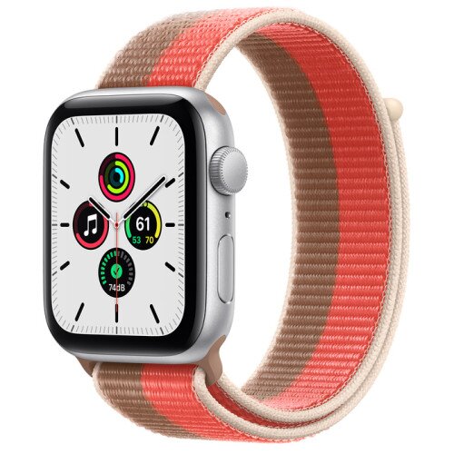 Apple Watch SE Series Silver Aluminum Case with Sport Loop - Pink Pomelo/Tan - 44mm