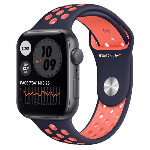Apple Watch SE Space Gray Aluminum Case with Nike Sport Band - 44mm - Blue Black/Bright Mango