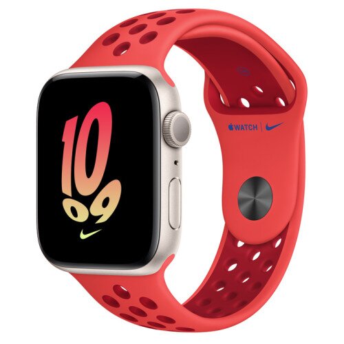 Apple Watch SE (2nd Gen) Starlight Aluminum Case with Nike Sport Band - Bright Crimson/Gym Red - 44mm - M/L