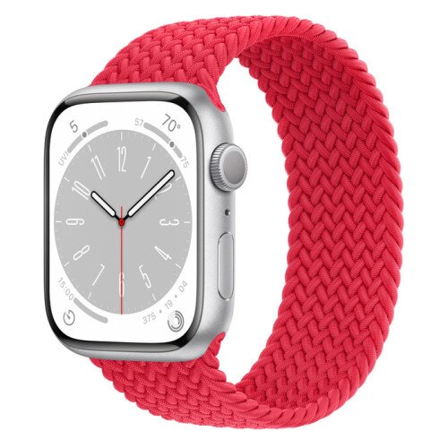 Apple Watch Series 8 - 45mm Silver Aluminum Case with Product Red Braided Solo Loop - Size-12