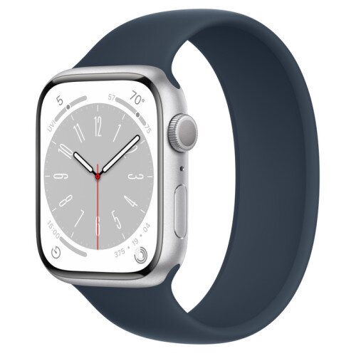 Apple Watch Series 8 - 45mm Silver Aluminum Case with Storm Blue Solo Loop - Size-10