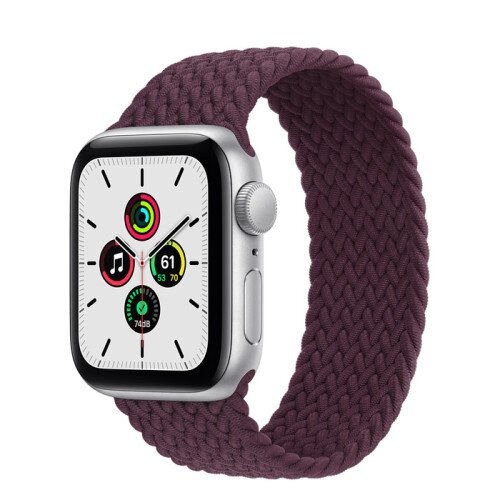 Apple Watch Series SE Silver Aluminum Case with Braided Solo Loop - Dark Cherry - 40mm - 5