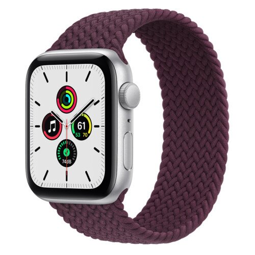Apple Watch Series SE Silver Aluminum Case with Braided Solo Loop - Dark Cherry - 44mm - 9