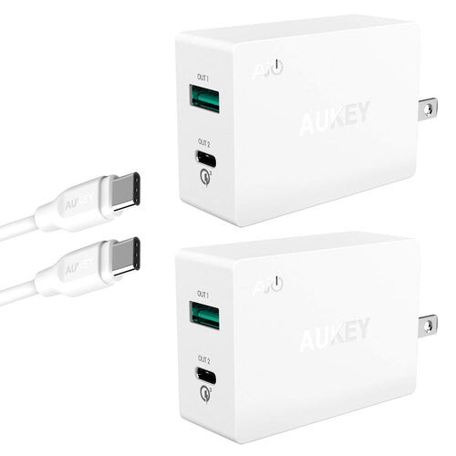 AUKEY 27W Dual-Port Wall Charger with QC 3.0 USB-C 2 Pack