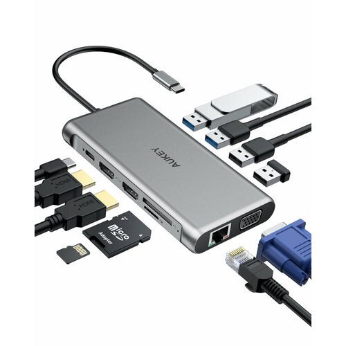 AUKEY CBC78 12 in 1 USB C Hub with Gigabit Ethernet, Dual 4K HDMI, VGA