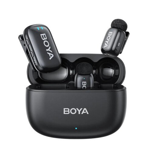 BOYA Mini Ultracompact 2.4GHz Wireless Microphone System - (3.5mm TRS) RX +2 TX + Charging Case - Black