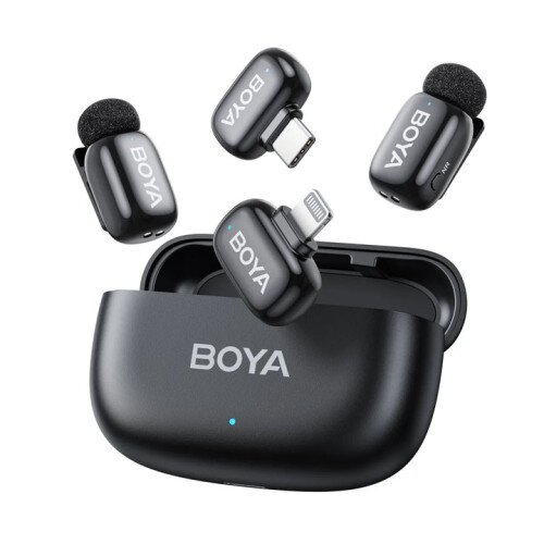 BOYA Mini Ultracompact 2.4GHz Wireless Microphone System - (Type-C+Lightning) RX +2 TX + Charging Case - Black