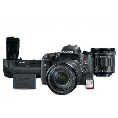 Canon EOS Rebel T6s EF-S 18-135 + EF-S 10-18 STM, BG-E18/LP-E17 Battery Kit & 16GB SDHC Card