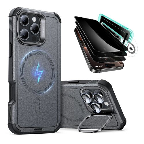 ESR Cyber Tough Case with Stash Stand Privacy Protection Bundle - iPhone 16 Pro - Gray