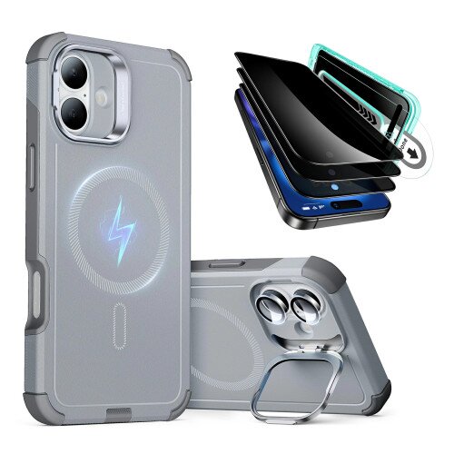 ESR Cyber Tough Case with Stash Stand Privacy Protection Bundle - iPhone 16 - Light Grey