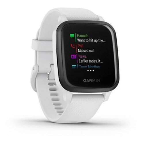 Garmin Venu Sq Music Edition Fitness Smartwatch - Slate Aluminum Bezel with White Case and Silicone Band - 40mm