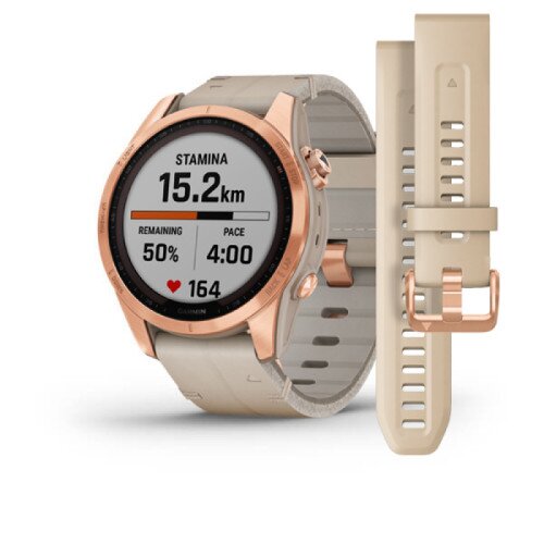 Garmin fenix 7S Multisport GPS Smartwatch - Sapphire Solar Edition - Rose Gold Titanium with Limestone Leather Band - 42mm