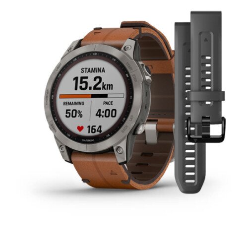 Garmin fenix 7 Multisport GPS Smartwatch - Sapphire Solar Edition - Titanium with Chestnut Leather Band - 47mm
