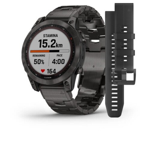Garmin fenix 7 Multisport GPS Smartwatch - Sapphire Solar Edition - Carbon Grey DLC Titanium with Carbon Grey DLC Vented Titanium Band - 47mm