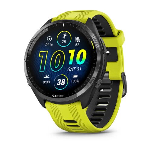 Garmin Forerunner 965 GPS Running Watch - Carbon Gray DLC Titanium Bezel with Black Case and Amp Yellow/Black Silicone Band