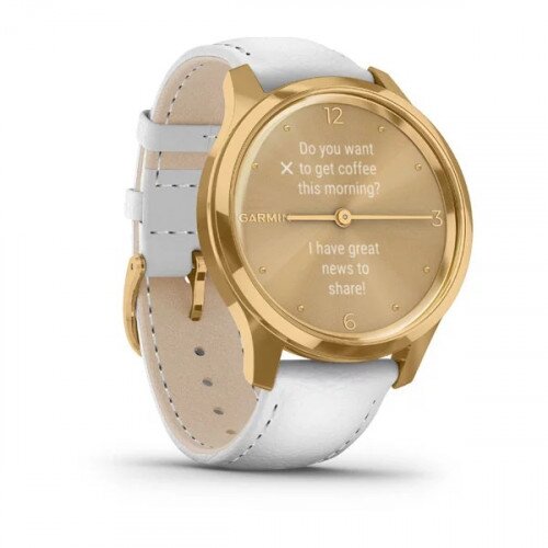 Garmin vivomove Luxe Hyprid Smart Watch - 24K Gold PVD Stainless Steel Case with White Italian Leather Band - 42mm