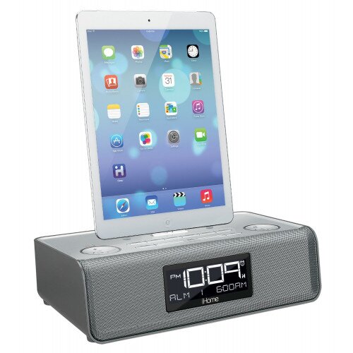 iHome iDL43 Dual Charging Stereo FM Clock Radio with Lightning Dock and USB Charge/Play for iPad/iPhone/iPod - Silver