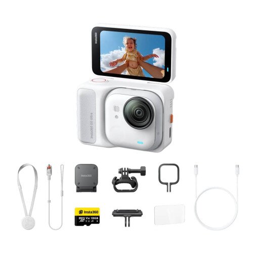 Insta360 GO Ultra Tiny Hands-Free 4K Pocket Action Camera - 128GB MicroSD Card - Family Bundle - Arctic White