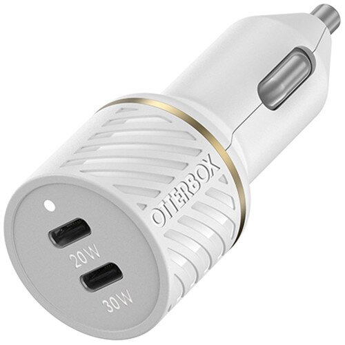 OtterBox USB-C to USB-C Dual Port Car Charger, 50W Combined - Cloud Dust (White)