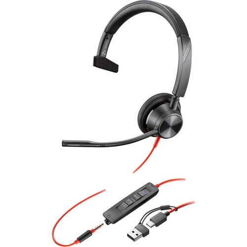 Poly Blackwire 3315 Monaural Microsoft Teams Certified USB-C Headset +3.5mm Plug +USB-C/A Adapter
