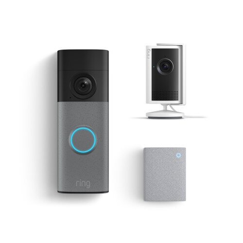 Ring Battery Doorbell (2nd Gen) + Ring Indoor Cam Plus 2k Plug-In + Chime (3rd Gen) - Speckled Gray + White