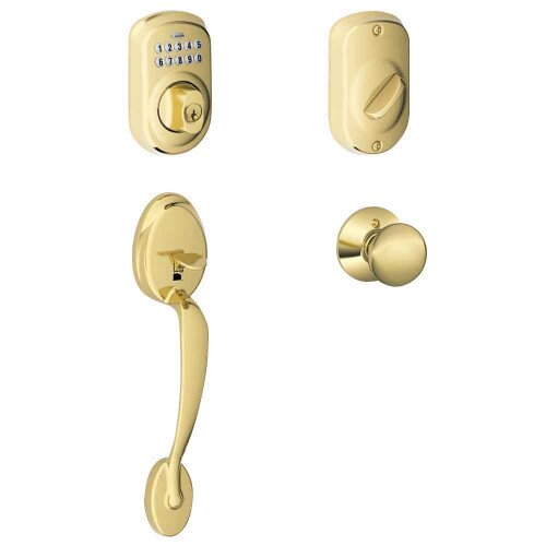 Schlage Keypad Deadbolt with Plymouth Trim Paired with Plymouth Trim Handleset and Plymouth Knob