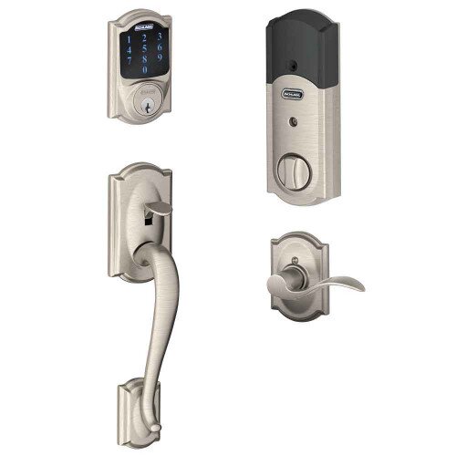 Schlage Connect Touchscreen Deadbolt with Camelot Trim Paired with Camelot Handleset and Accent Lever with Camelot Trim - Right Hand - Satin Nickel