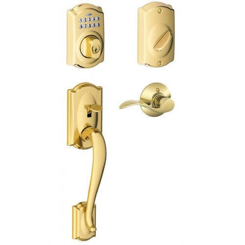 Schlage Camelot Trim Keypad Deadbolt Paired with Camelot Trim Front Entry Handle and Accent Lever - Left Hand - Bright Brass
