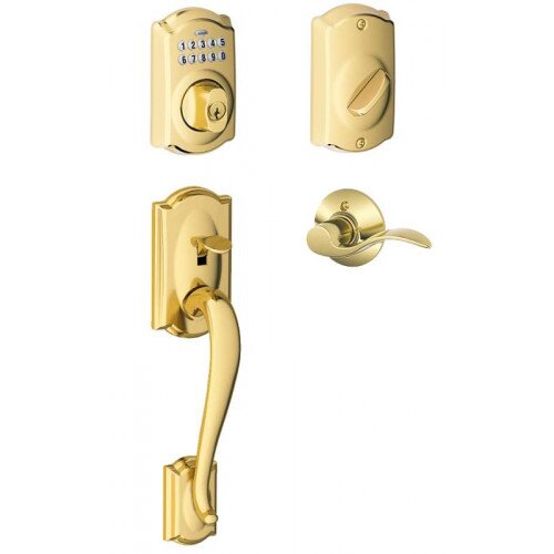 Schlage Camelot Trim Keypad Deadbolt Paired with Camelot Trim Front Entry Handle and Accent Lever - Right Hand - Bright Brass - 2