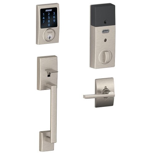Schlage Connect Touchscreen Deadbolt with Century Trim Paired with Century Handleset and Latitude Lever with Century Trim - Left Hand - Satin Nickel