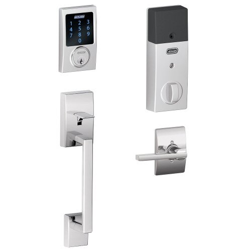 Schlage Connect Touchscreen Deadbolt with Century Trim Paired with Century Handleset and Latitude Lever with Century Trim - Left Hand - Bright Chrome