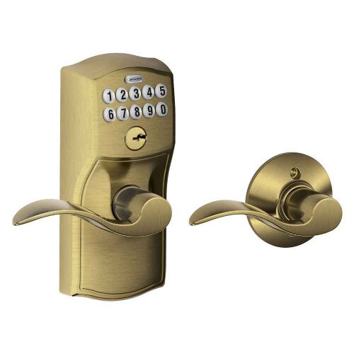 Schlage Keypad Lever with Camelot Trim and Accent Lever with Auto Lock - Antique Brass