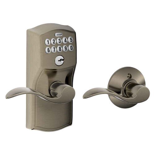 Schlage Keypad Lever with Camelot Trim and Accent Lever with Auto Lock - Antique Pewter