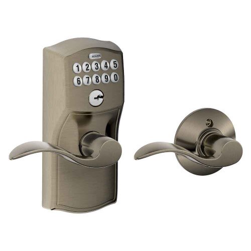Schlage Keypad Lever with Camelot Trim and Accent Lever with Auto Lock - Antique Pewter