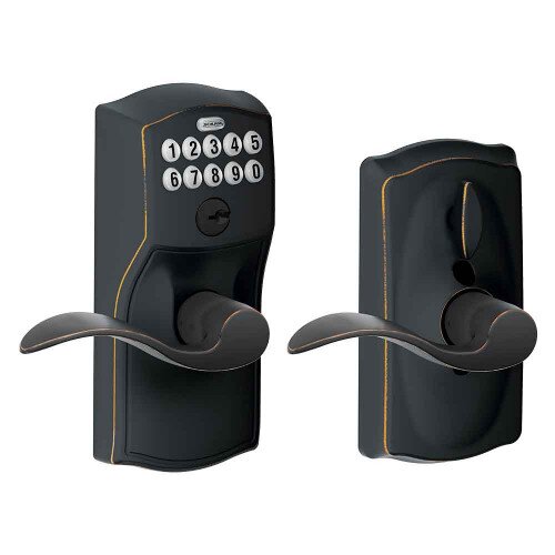Schlage Keypad Lever with Camelot Trim and Accent Lever with Flex Lock - Aged Bronze