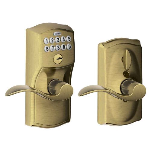 Schlage Keypad Lever with Camelot Trim and Accent Lever with Flex Lock - Antique Brass