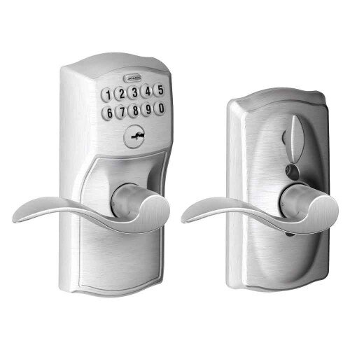 Schlage Keypad Lever with Camelot Trim and Accent Lever with Flex Lock - Satin Chrome