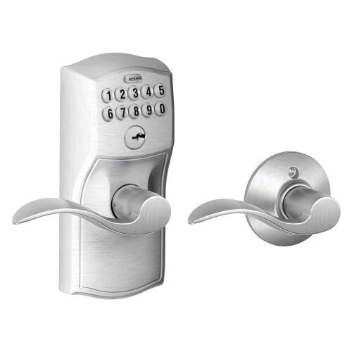 Schlage Keypad Lever with Camelot Trim and Accent Lever with Auto Lock - Satin Chrome