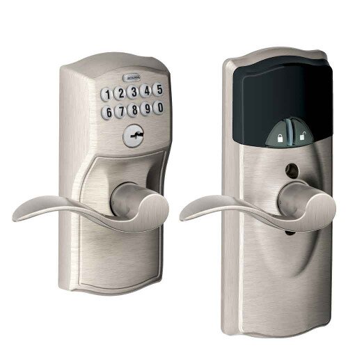 Schlage Connected Keypad Lever with Camelot Trim and Accent Lever - Satin Nickel