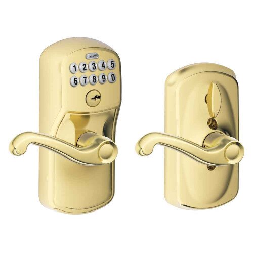 Schlage Keypad Lever with Plymouth Trim and Flair Lever with Flex Lock - Bright Brass